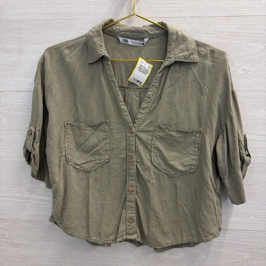 Zara Green Cropped Button Up Small