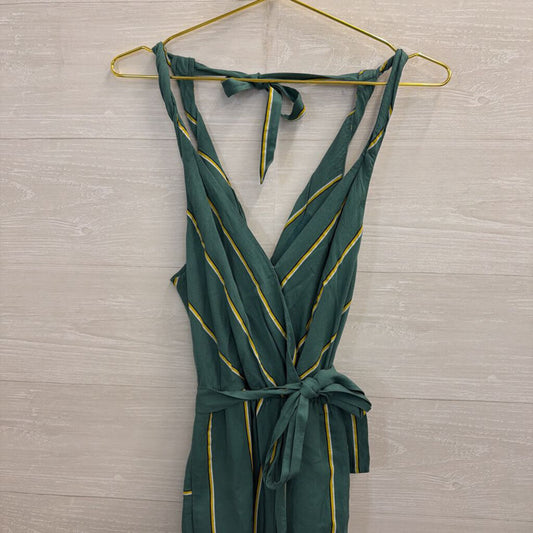 Anthropologie Green/ Yellow Striped Tie Waist Jumpsuit Small