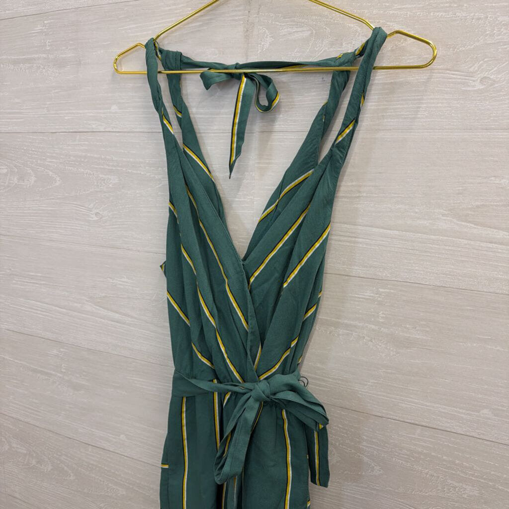 Anthropologie Green/ Yellow Striped Tie Waist Jumpsuit Small