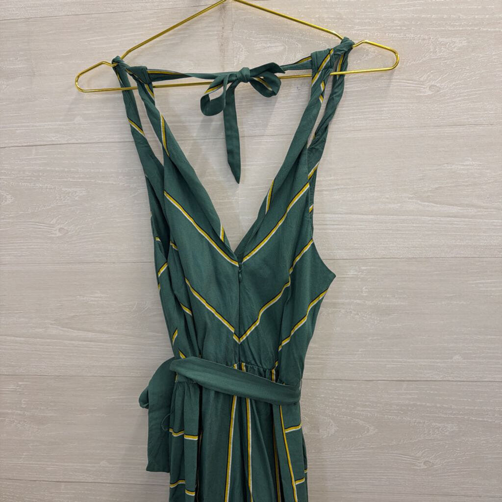 Anthropologie Green/ Yellow Striped Tie Waist Jumpsuit Small