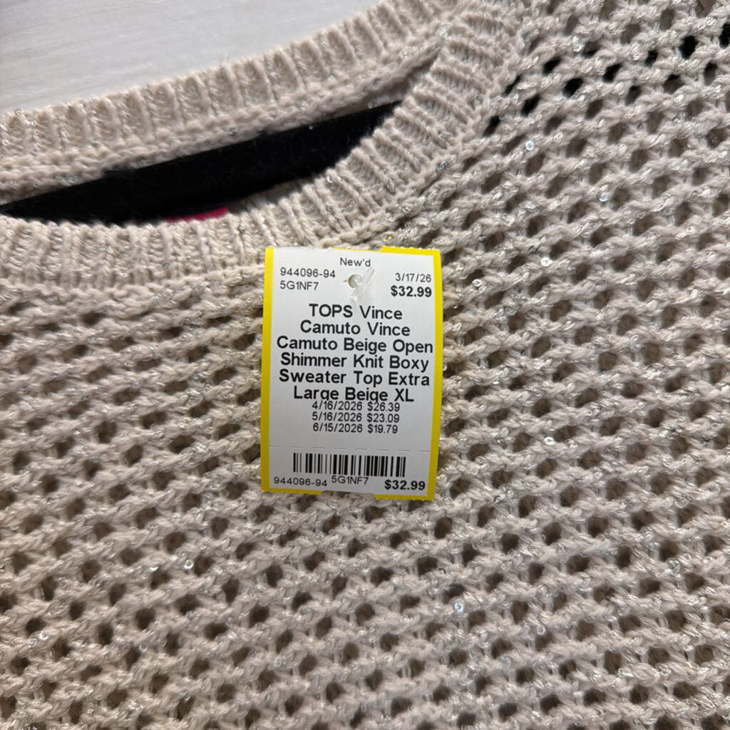 Vince Camuto Beige Open Shimmer Knit Boxy Sweater Top Extra Large