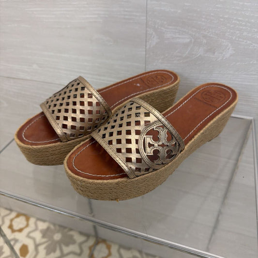 Tory Burch Thatched Gold Espadrille Wedge Sandals8