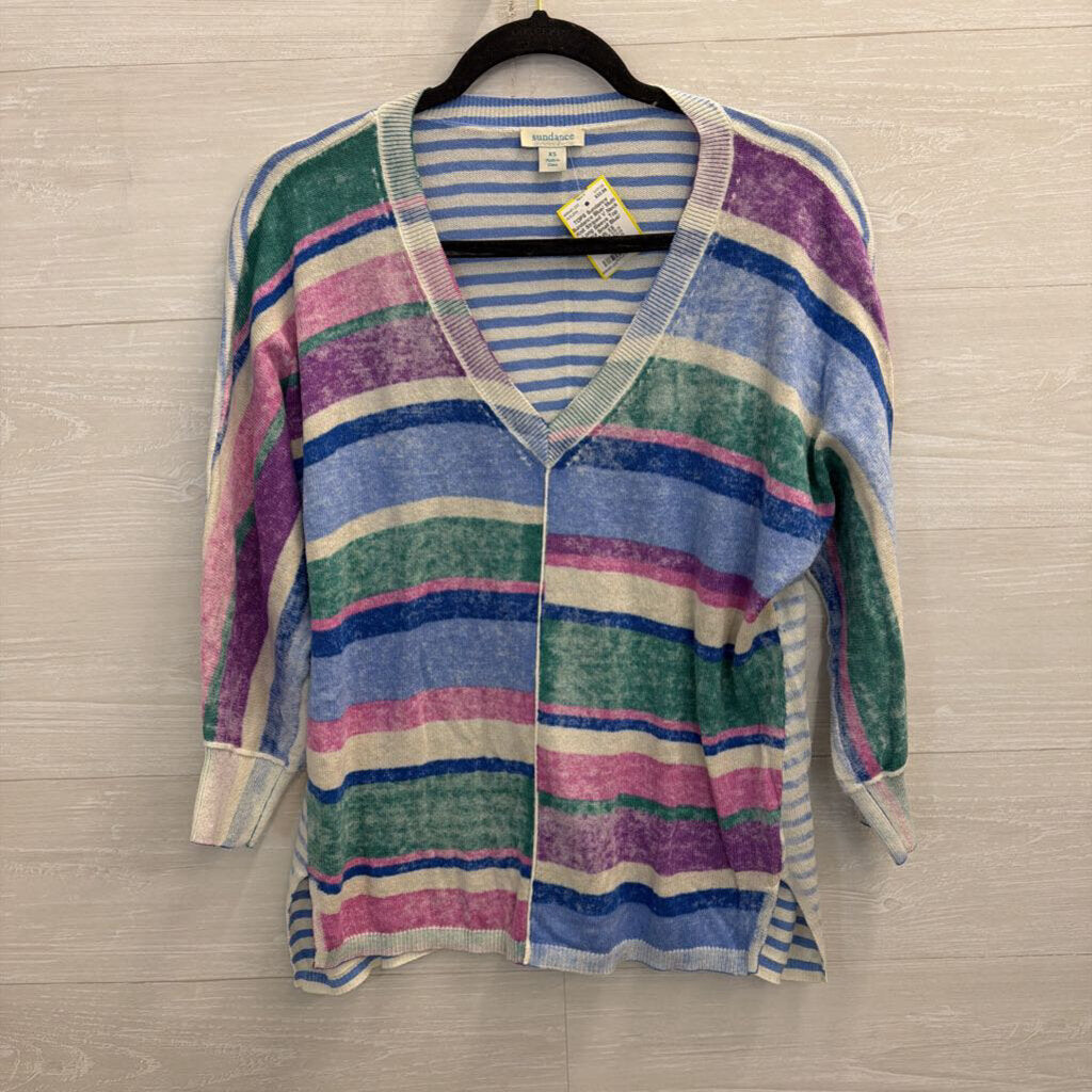 Sundance Blue/ Multi Knit Striped V Neck Long Sleeve Top Extra Small