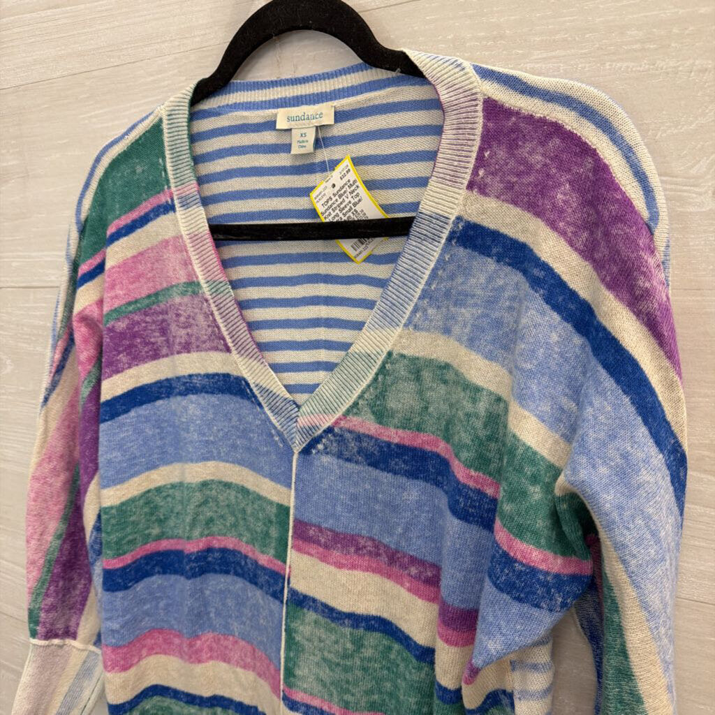 Sundance Blue/ Multi Knit Striped V Neck Long Sleeve Top Extra Small