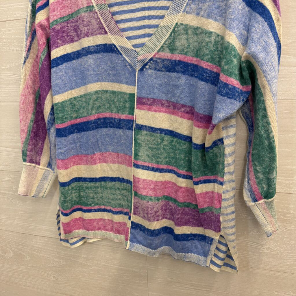 Sundance Blue/ Multi Knit Striped V Neck Long Sleeve Top Extra Small