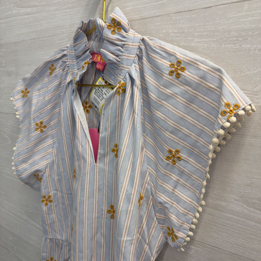 THML Blue/White Embroidered Flutter Sleeve Shirt XS