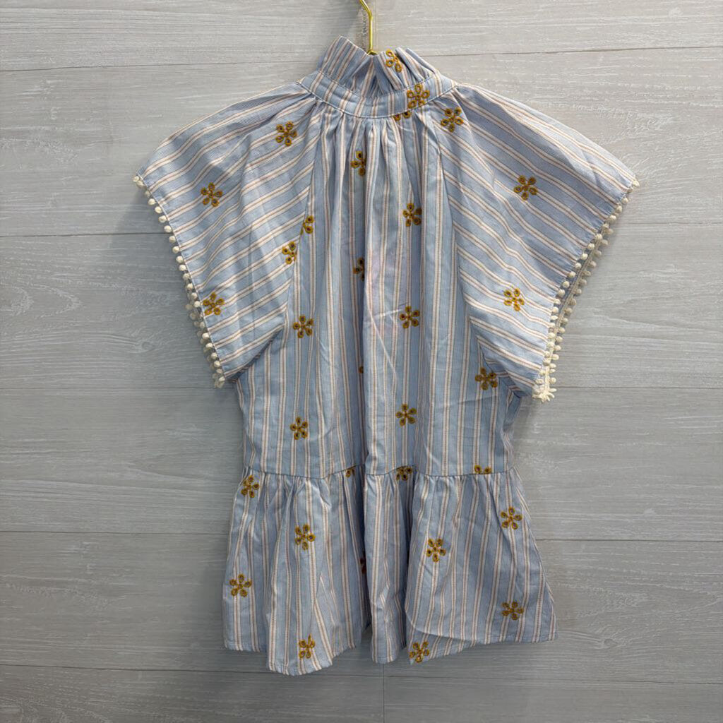 THML Blue/White Embroidered Flutter Sleeve Shirt XS