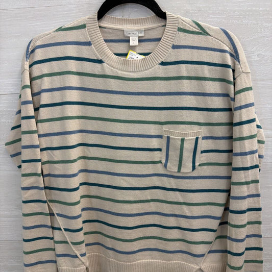 Garnet Hill Beige/ Blue/ Green Striped Knit Long Sleeve Sweater Top Small