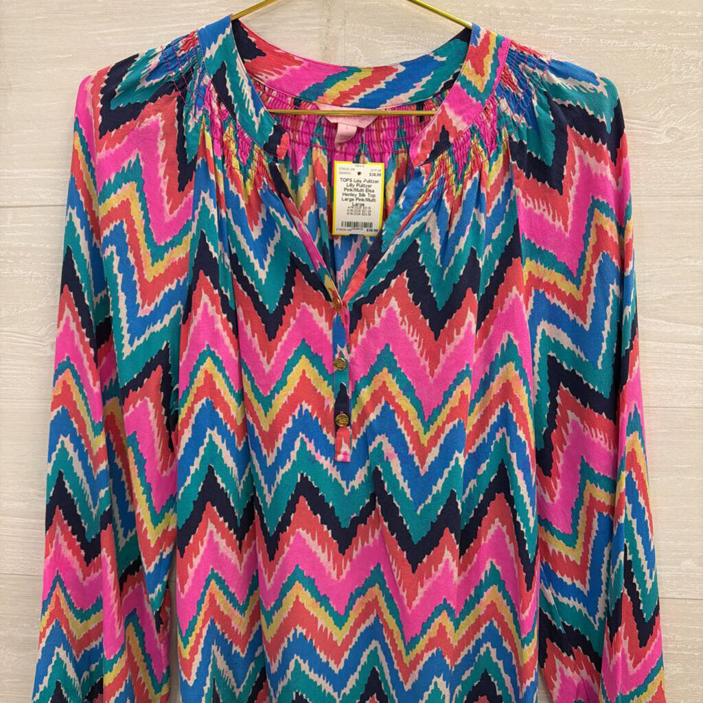 Lilly Pulitzer Pink/Multi Elsa Henley Silk Top Large