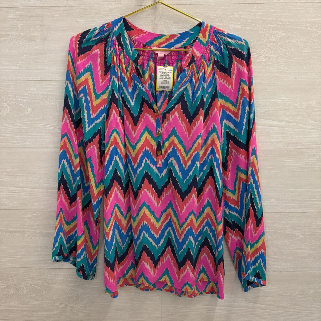 Lilly Pulitzer Pink/Multi Elsa Henley Silk Top Large