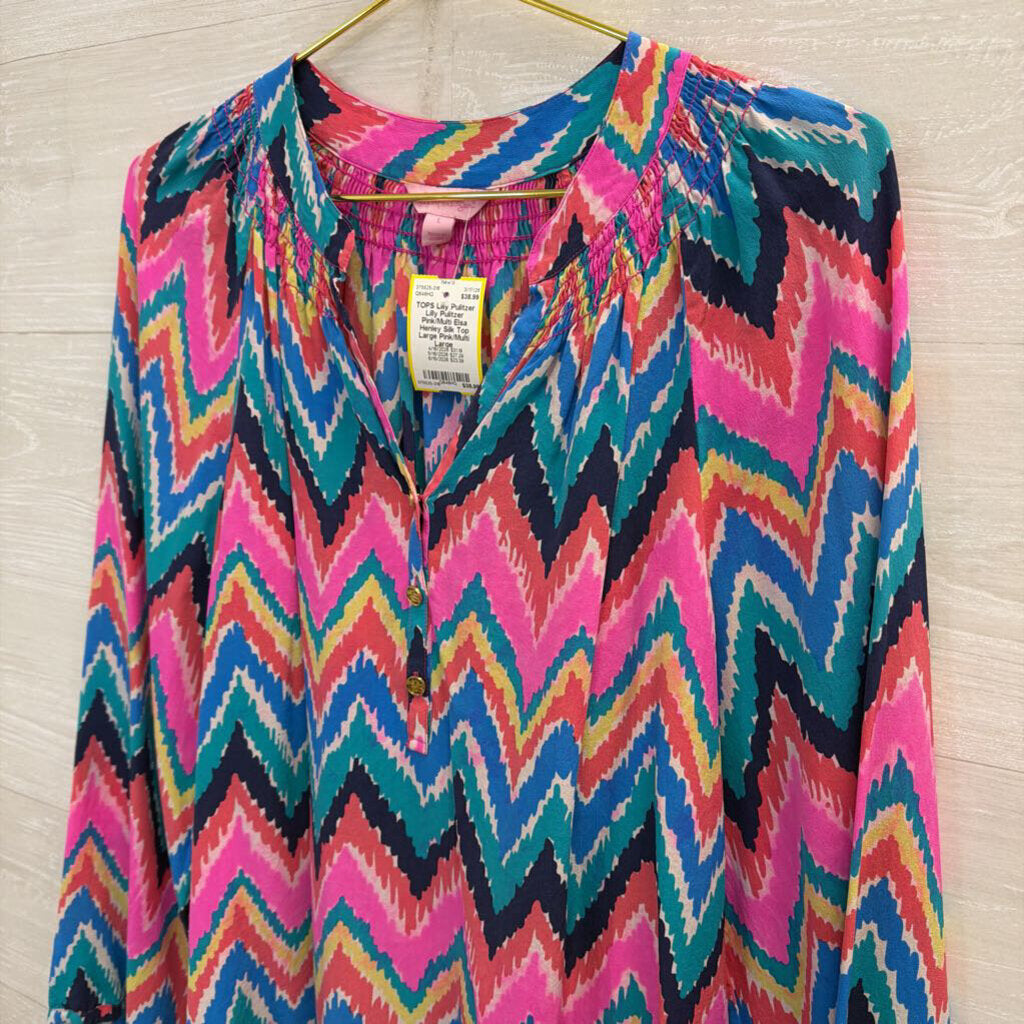 Lilly Pulitzer Pink/Multi Elsa Henley Silk Top Large