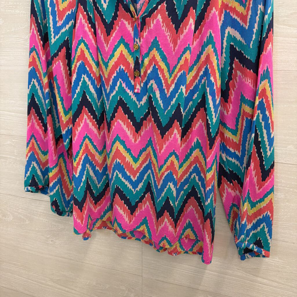 Lilly Pulitzer Pink/Multi Elsa Henley Silk Top Large
