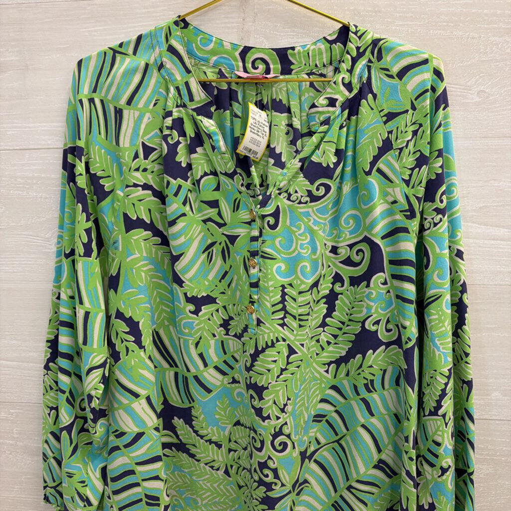 Lilly Pulitzer Green/Navy Elsa Henley Silk Top XL