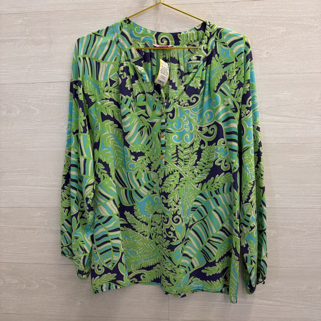 Lilly Pulitzer Green/Navy Elsa Henley Silk Top XL