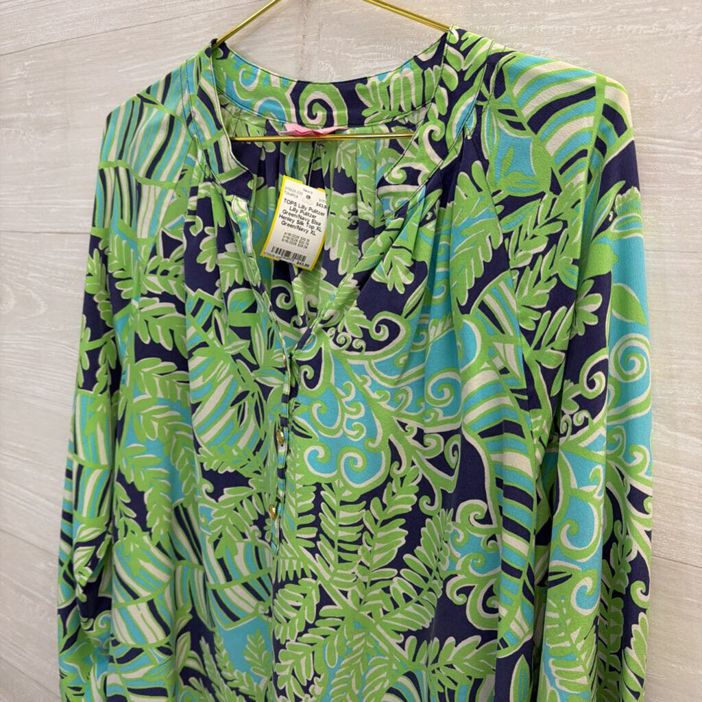Lilly Pulitzer Green/Navy Elsa Henley Silk Top XL