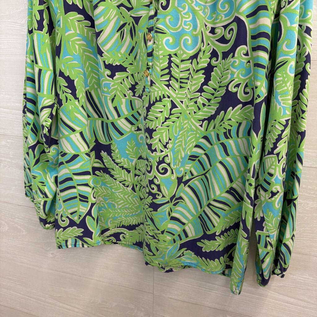 Lilly Pulitzer Green/Navy Elsa Henley Silk Top XL