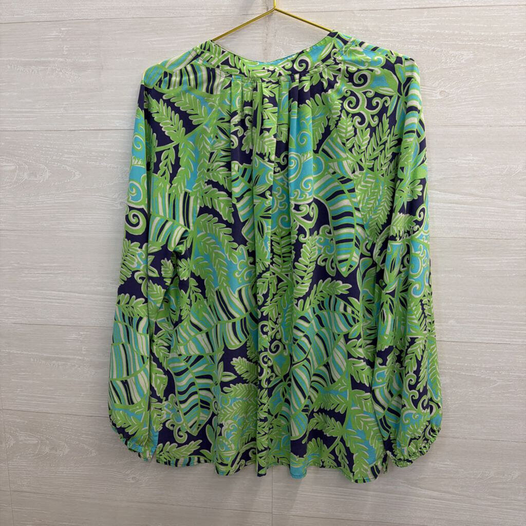 Lilly Pulitzer Green/Navy Elsa Henley Silk Top XL