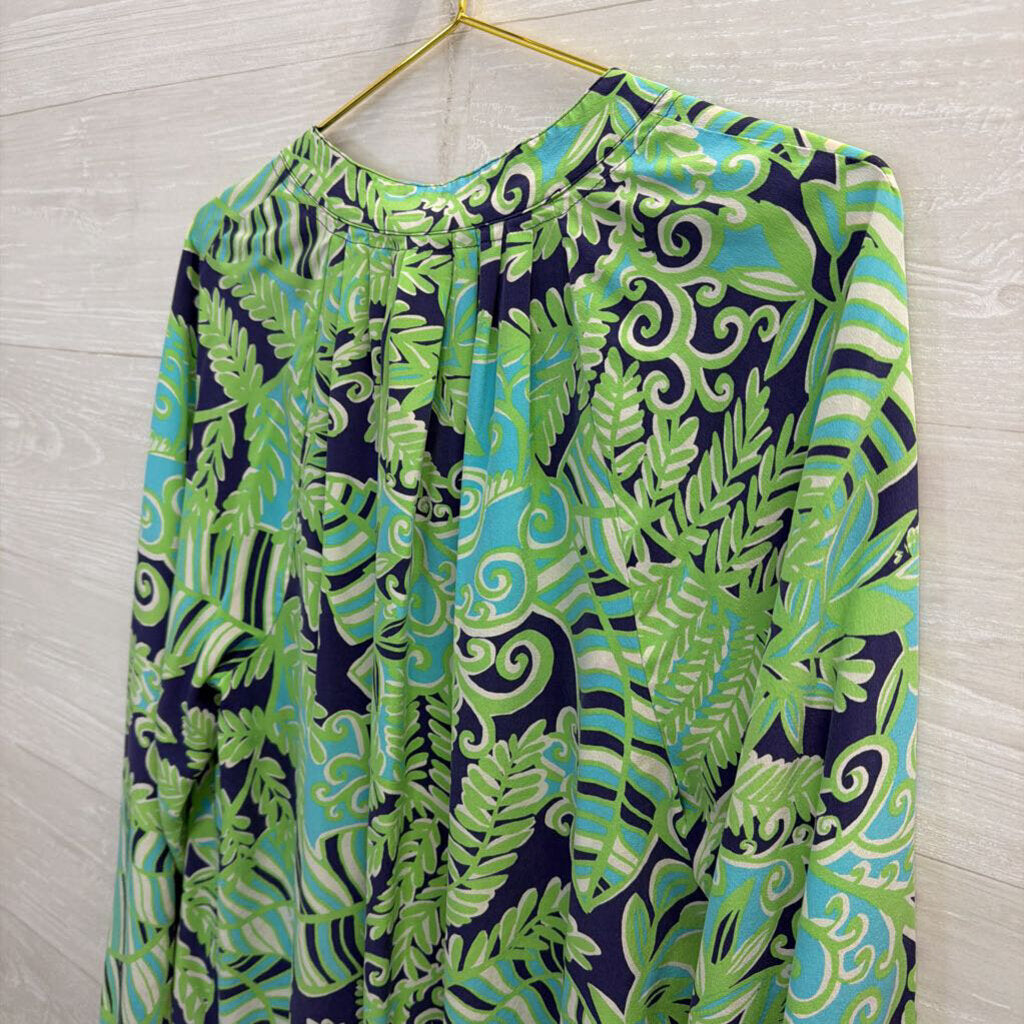 Lilly Pulitzer Green/Navy Elsa Henley Silk Top XL