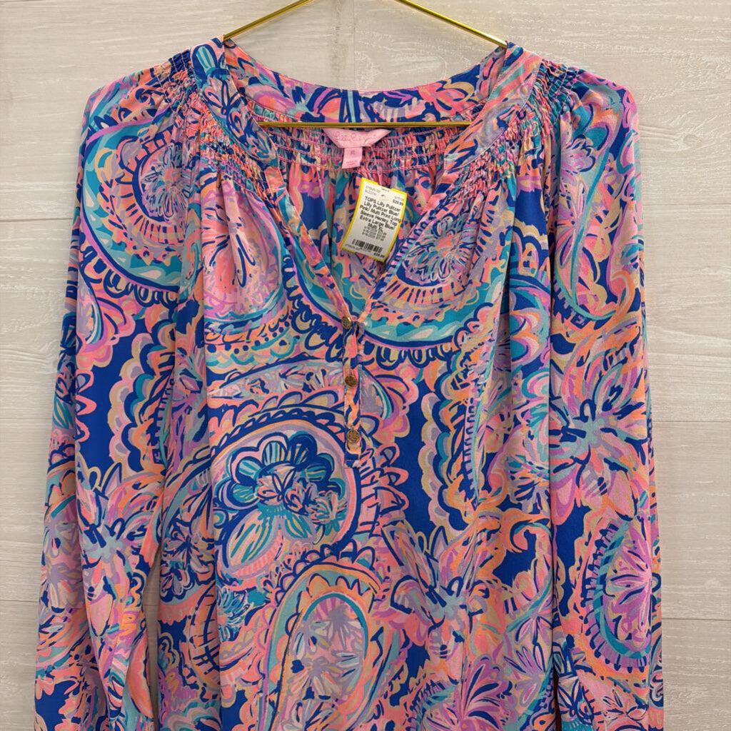 Lilly Pulitzer Blue/ Pink/ Multi Print Long Sleeve Henley Top Extra Large