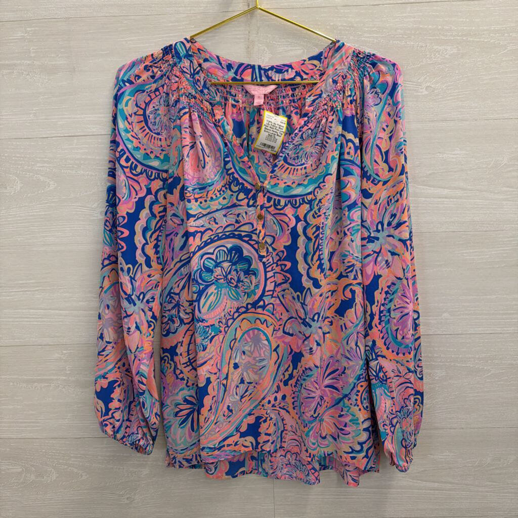 Lilly Pulitzer Blue/ Pink/ Multi Print Long Sleeve Henley Top Extra Large
