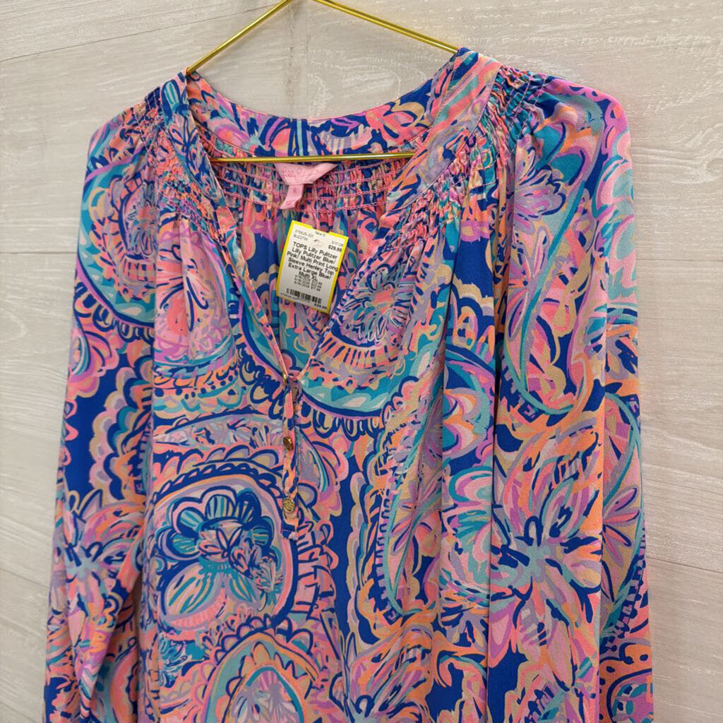 Lilly Pulitzer Blue/ Pink/ Multi Print Long Sleeve Henley Top Extra Large