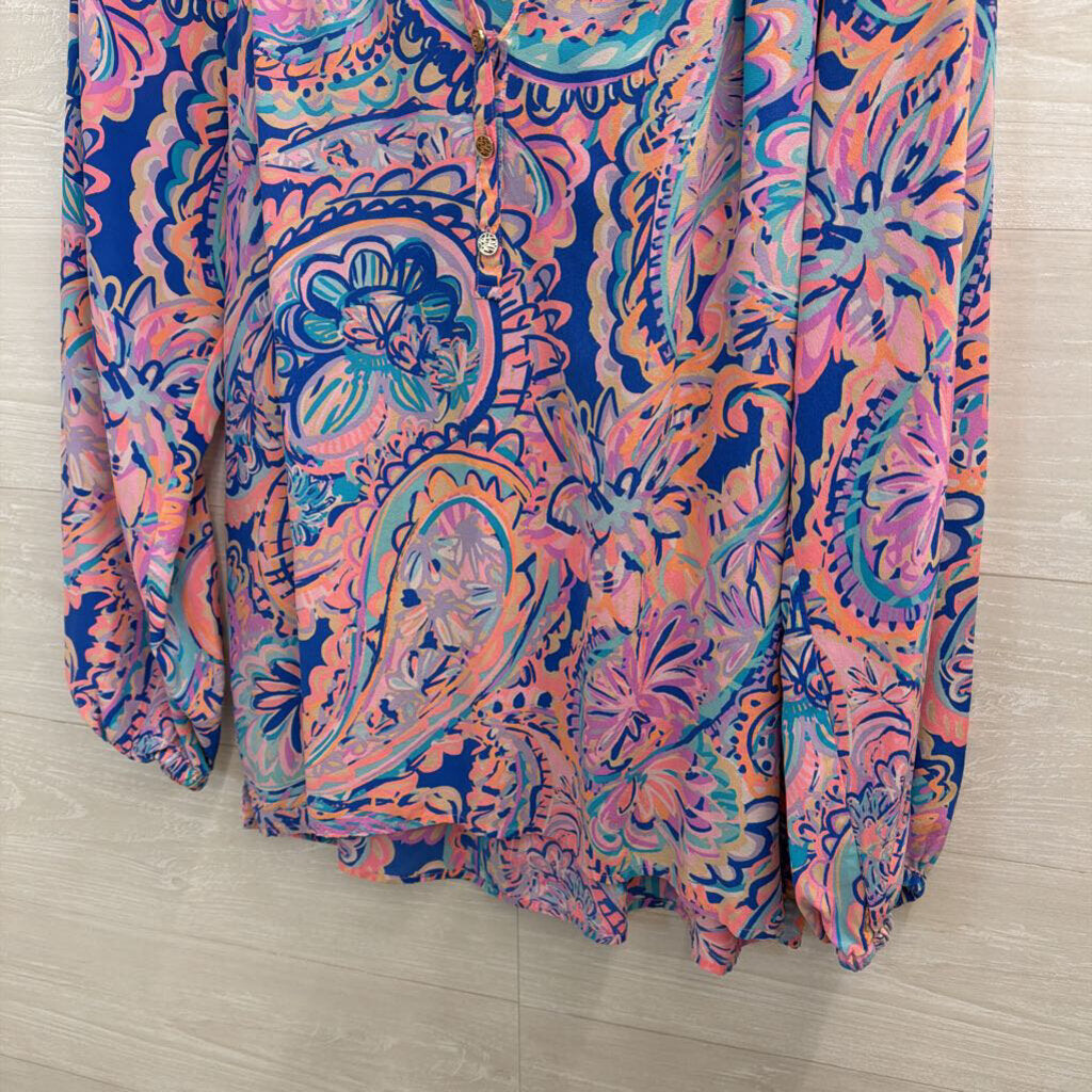 Lilly Pulitzer Blue/ Pink/ Multi Print Long Sleeve Henley Top Extra Large