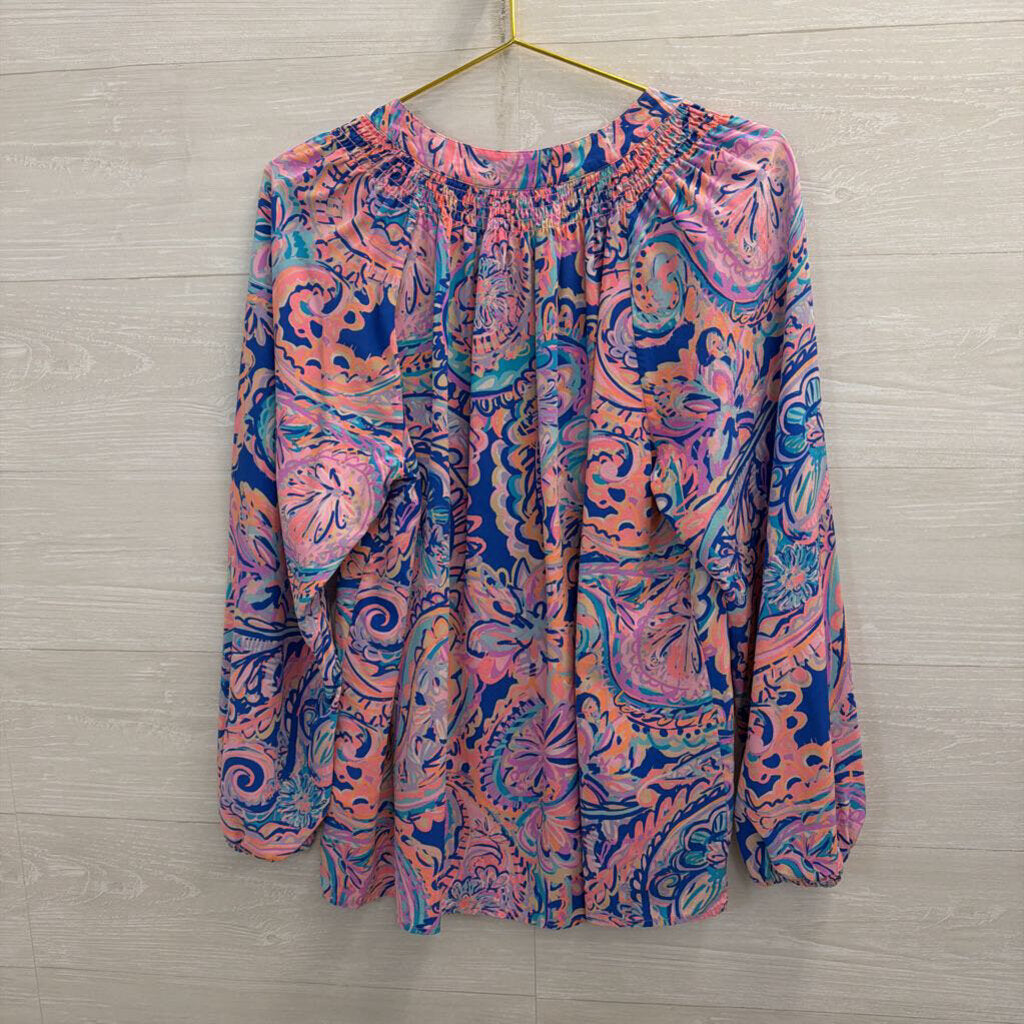 Lilly Pulitzer Blue/ Pink/ Multi Print Long Sleeve Henley Top Extra Large