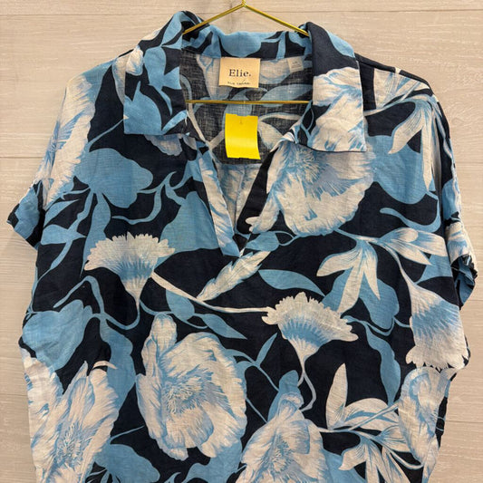 Elie Navy/ Blue Floral Print 100% Linen Short Sleeve Top Large