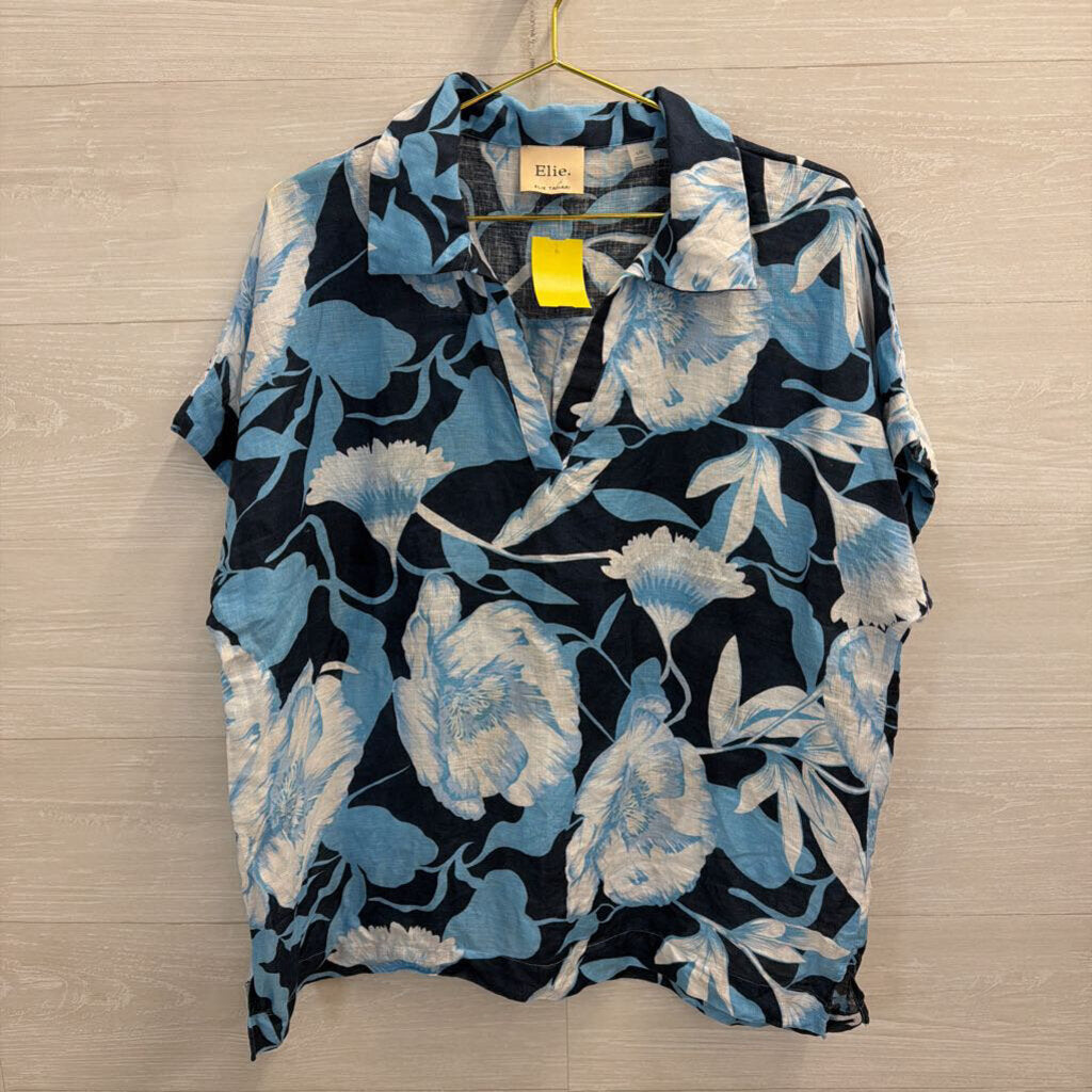 Elie Navy/ Blue Floral Print 100% Linen Short Sleeve Top Large