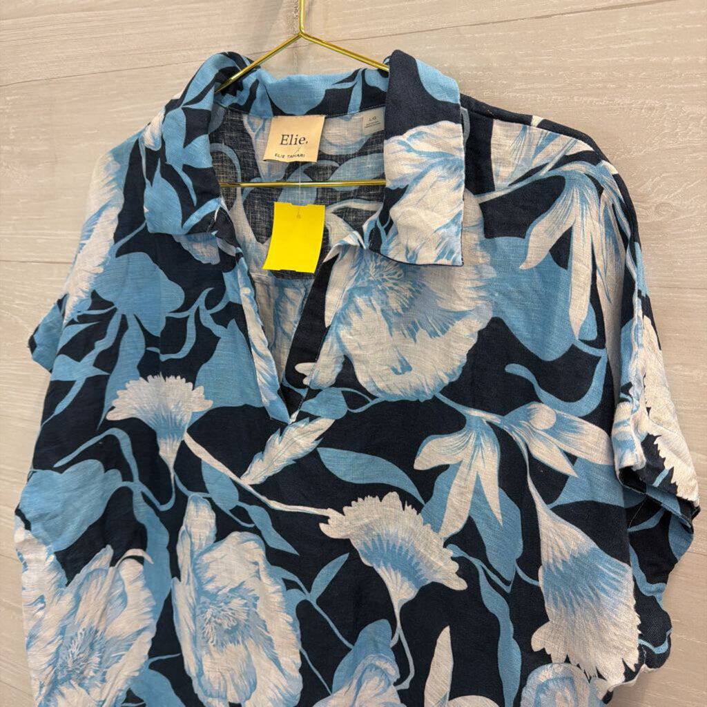 Elie Navy/ Blue Floral Print 100% Linen Short Sleeve Top Large