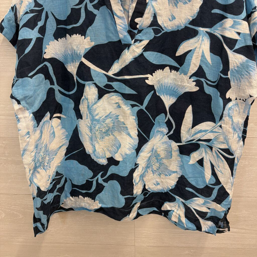 Elie Navy/ Blue Floral Print 100% Linen Short Sleeve Top Large
