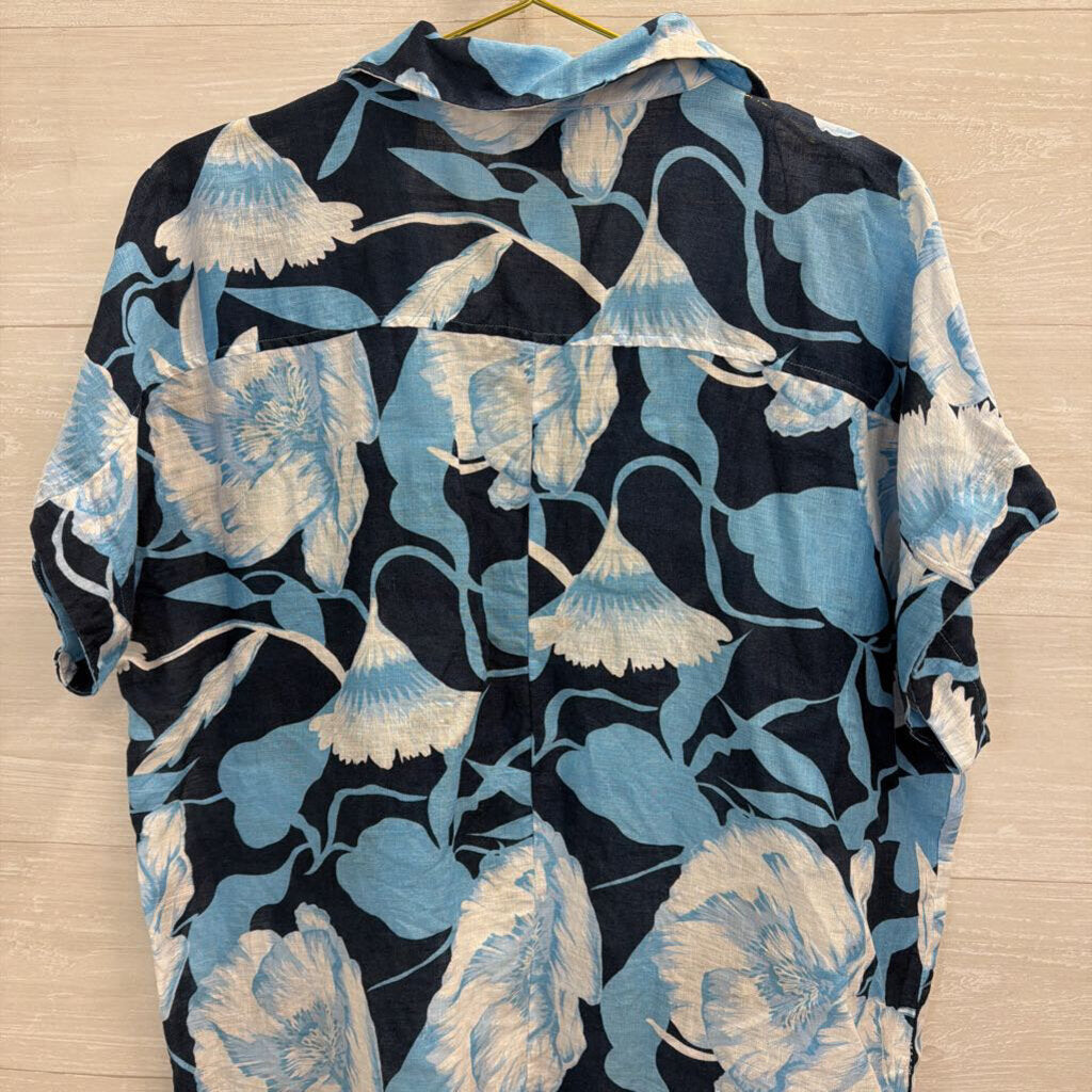 Elie Navy/ Blue Floral Print 100% Linen Short Sleeve Top Large