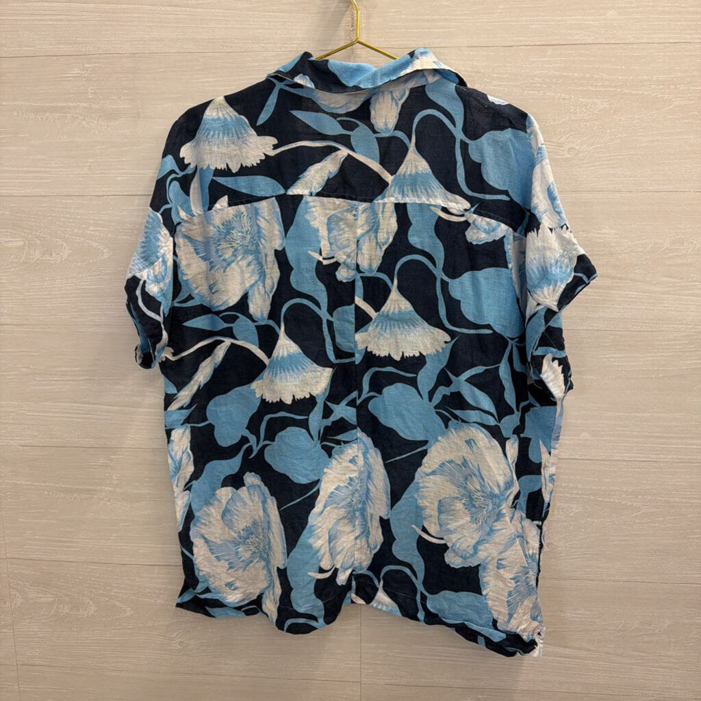 Elie Navy/ Blue Floral Print 100% Linen Short Sleeve Top Large