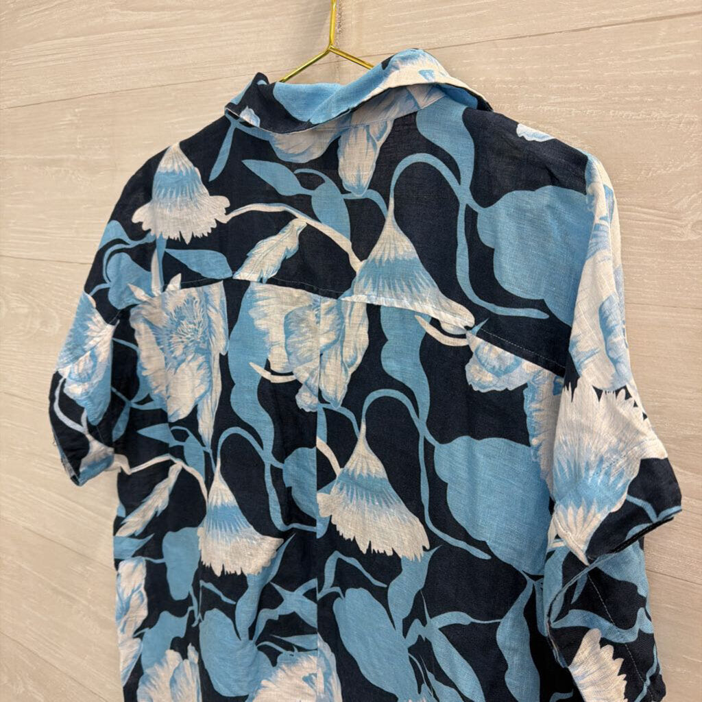 Elie Navy/ Blue Floral Print 100% Linen Short Sleeve Top Large