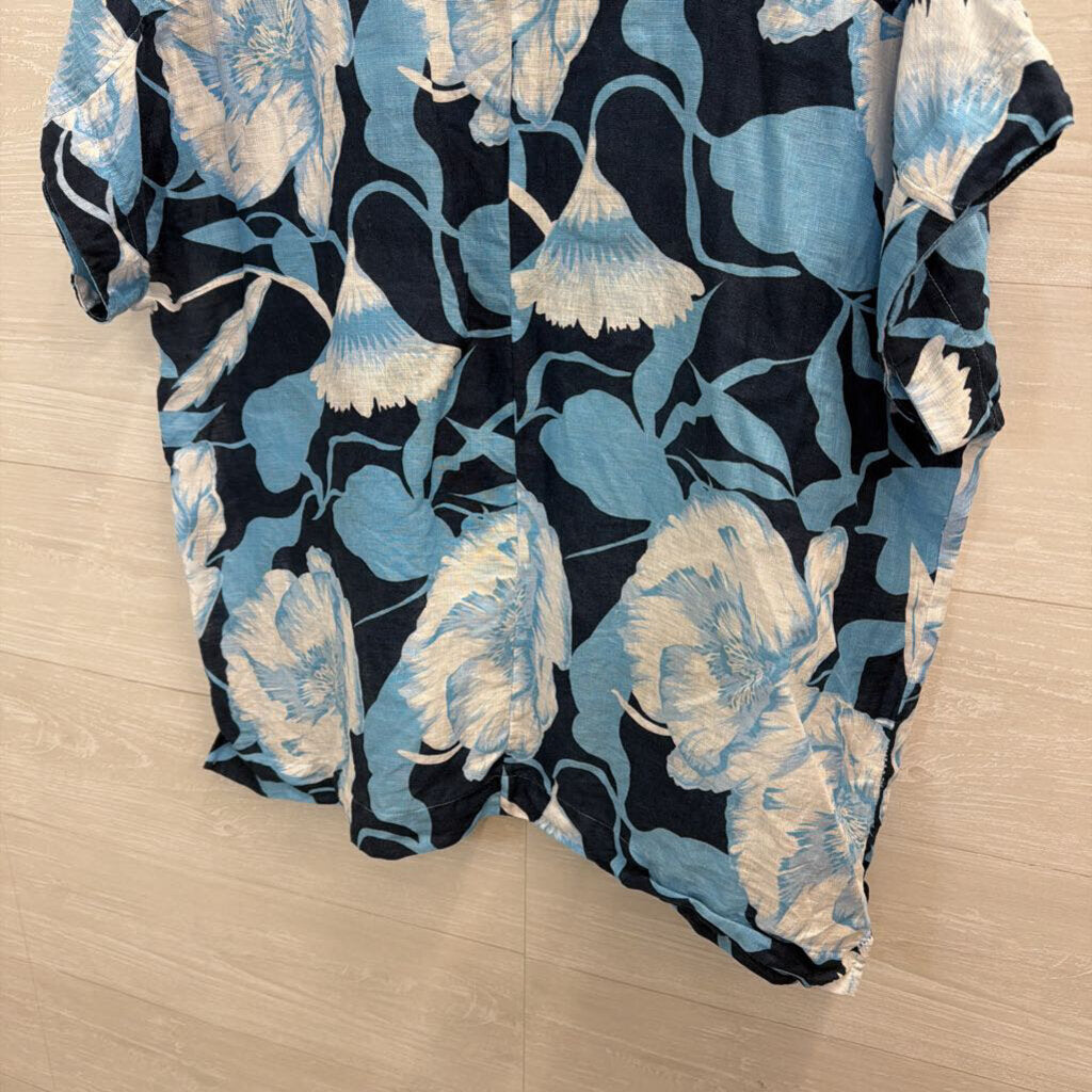 Elie Navy/ Blue Floral Print 100% Linen Short Sleeve Top Large