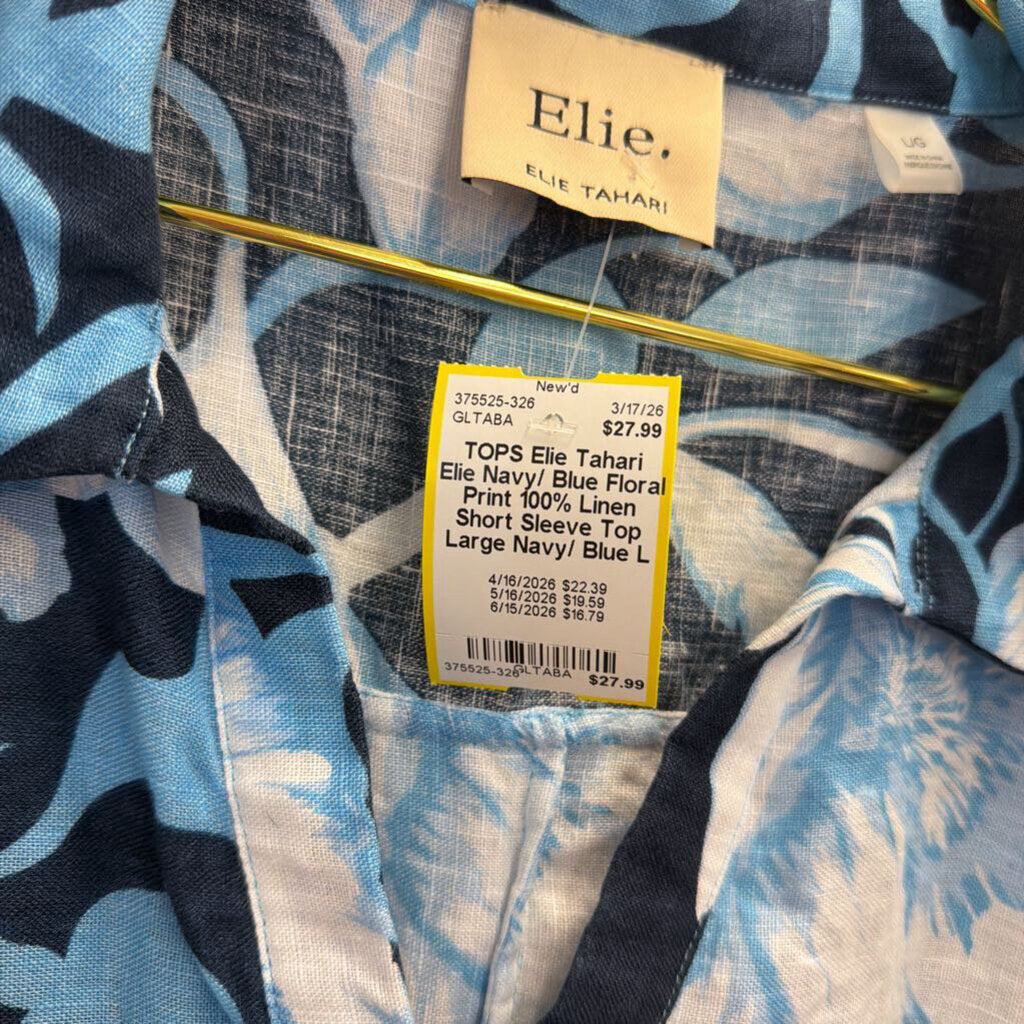 Elie Navy/ Blue Floral Print 100% Linen Short Sleeve Top Large
