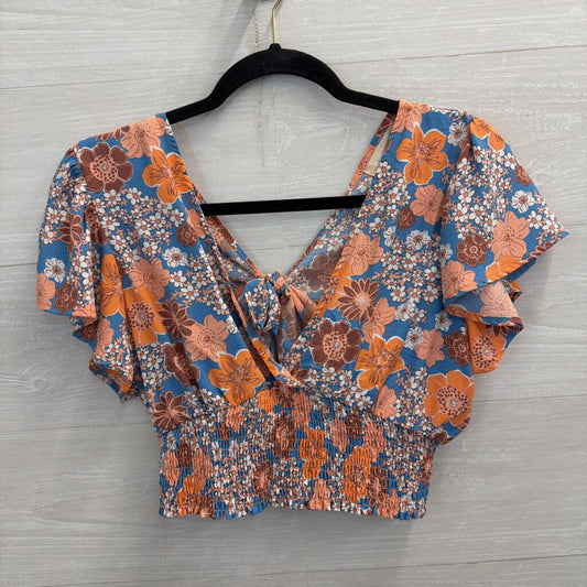 Altar'd State Blue/ Orange Floral Print Cropped Short Sleeve Top Large