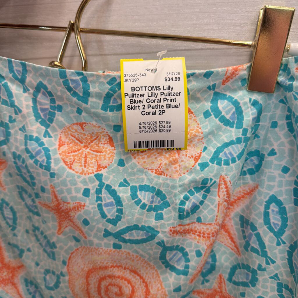 Lilly Pulitzer Blue/ Coral Print Skirt 2 Petite