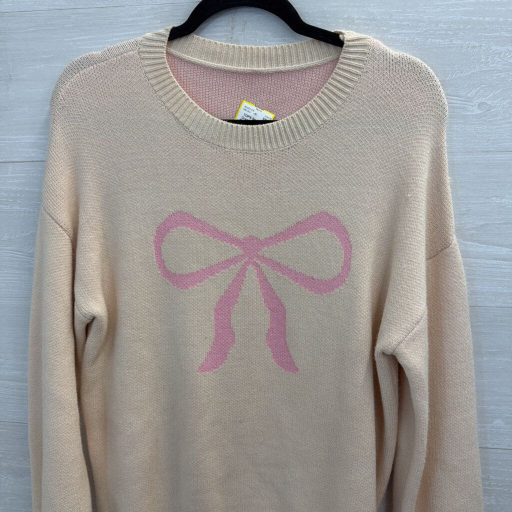 Cream/ Pink Knit Bow Long Sleeve Sweater Top Small