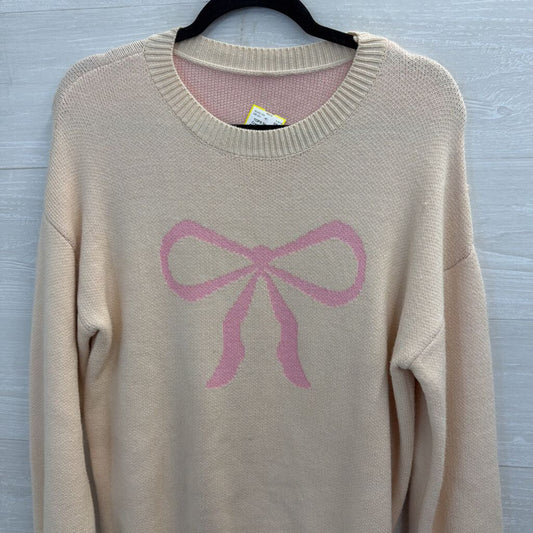 Cream/ Pink Knit Bow Long Sleeve Sweater Top Small