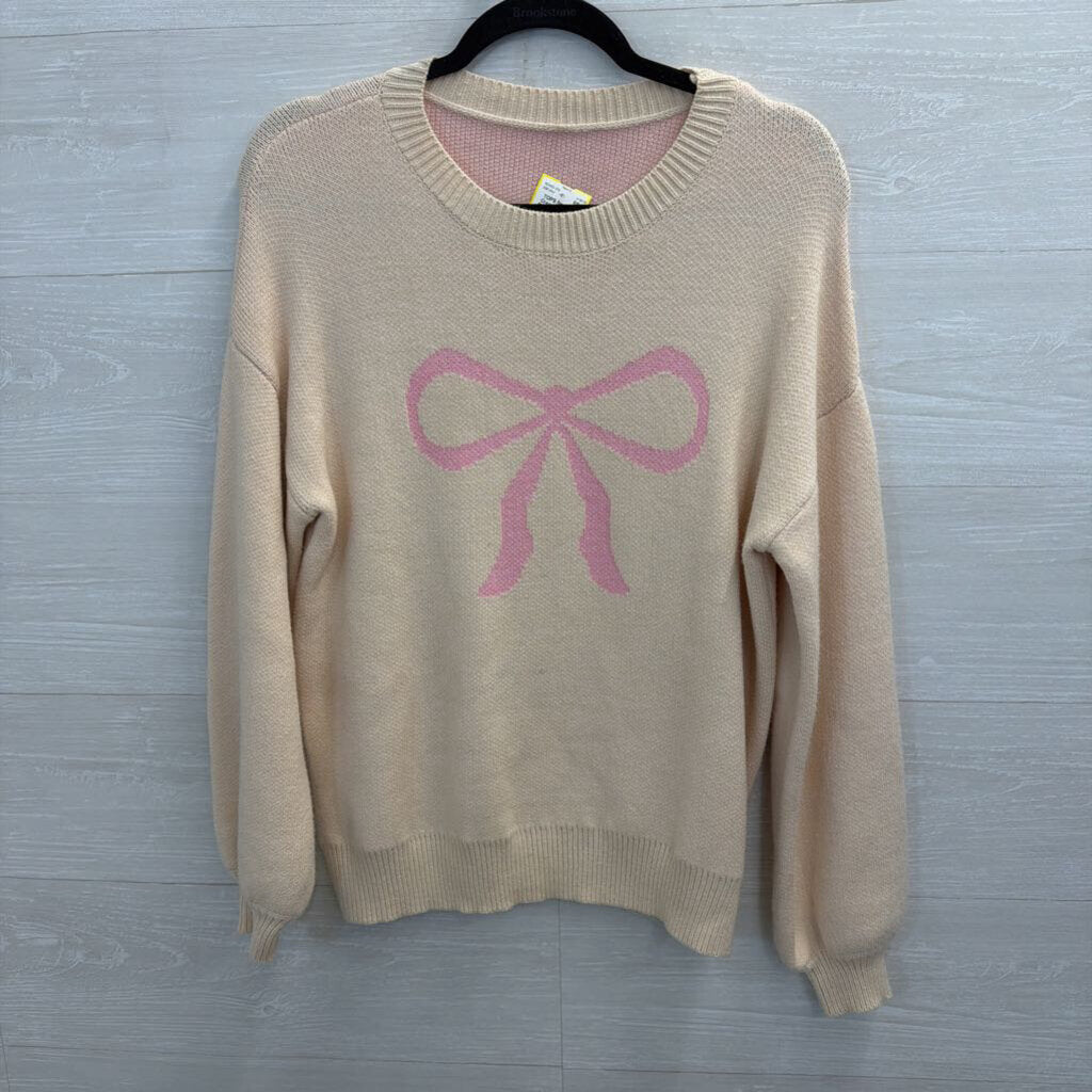 Cream/ Pink Knit Bow Long Sleeve Sweater Top Small