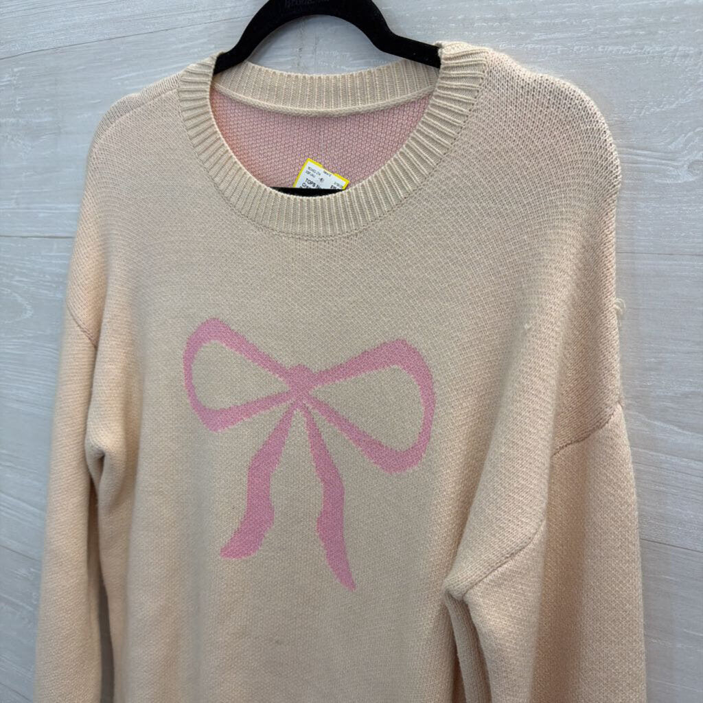 Cream/ Pink Knit Bow Long Sleeve Sweater Top Small