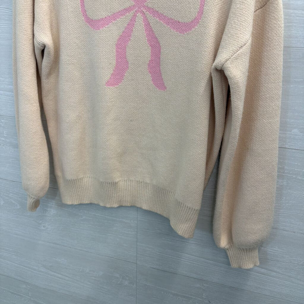 Cream/ Pink Knit Bow Long Sleeve Sweater Top Small