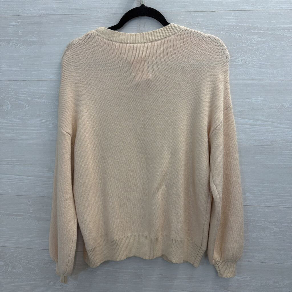 Cream/ Pink Knit Bow Long Sleeve Sweater Top Small