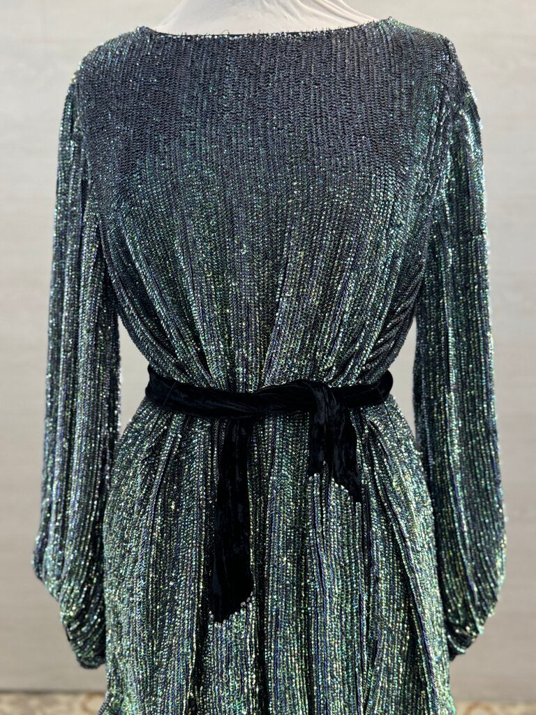 Retrofete Green Iridescent Sequin Long Sleeve Short Formal Dress Small