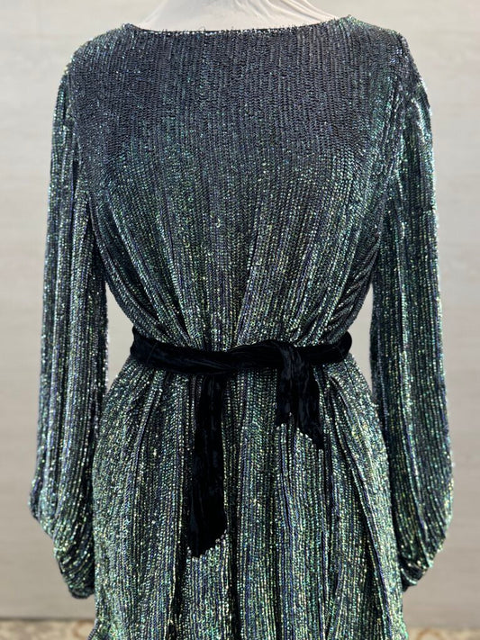 Retrofete Green Iridescent Sequin Long Sleeve Short Formal Dress Small