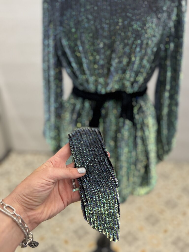 Retrofete Green Iridescent Sequin Long Sleeve Short Formal Dress Small