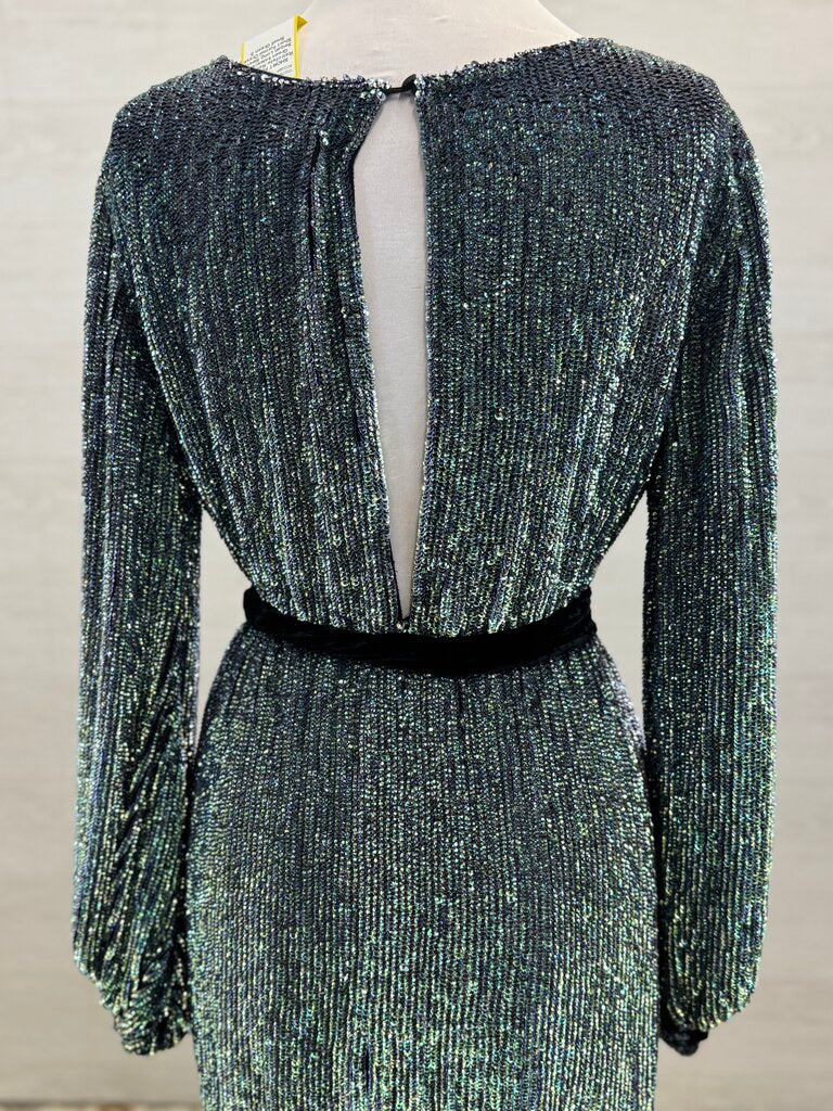 Retrofete Green Iridescent Sequin Long Sleeve Short Formal Dress Small