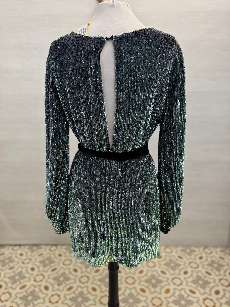 Retrofete Green Iridescent Sequin Long Sleeve Short Formal Dress Small