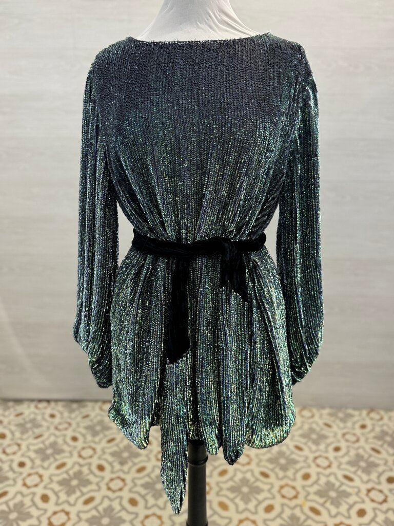 Retrofete Green Iridescent Sequin Long Sleeve Short Formal Dress Small